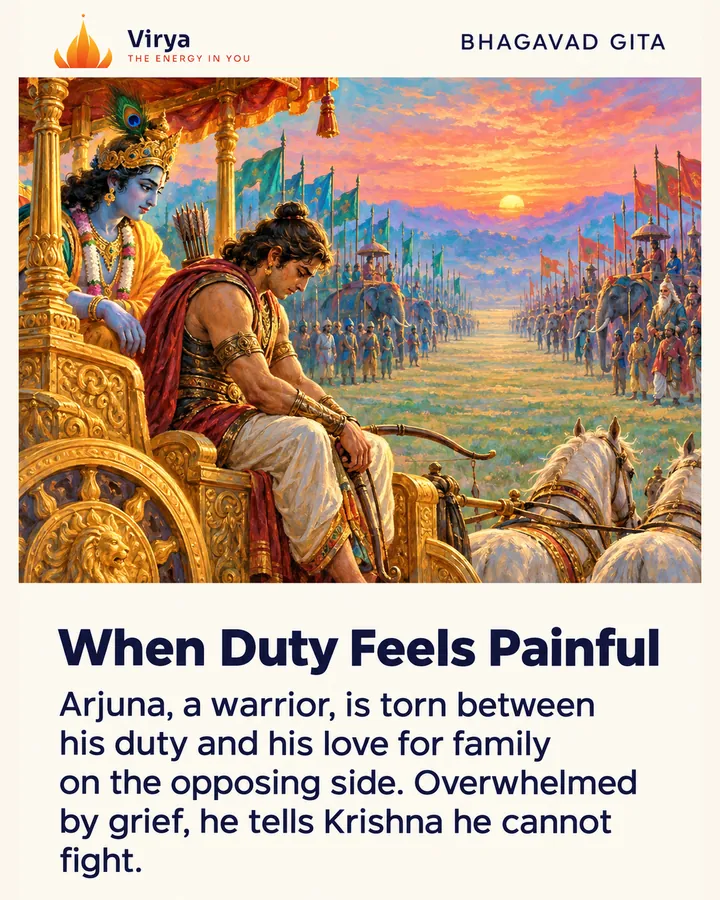 Arjuna lowers his bow on a chariot as Krishna listens, with two armies waiting across a colorful dawn landscape. The Virya lotus logo appears above the painting. Title: When Duty Feels Painful. Text: Arjuna, a warrior, is torn between his duty and his love for family on the opposing side. Overwhelmed by grief, he tells Krishna he cannot fight.
