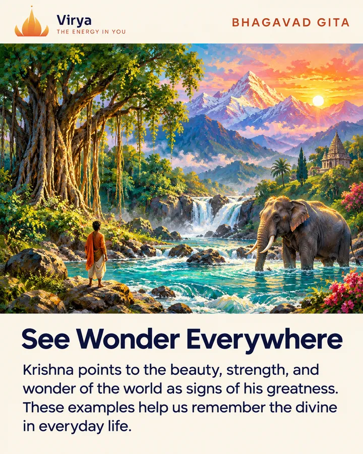 A small observer takes in mountains, river, a great tree and an elephant illuminated by the same golden light. The Virya lotus logo appears above the painting. Title: See Wonder Everywhere. Text: Krishna points to the beauty, strength, and wonder of the world as signs of his greatness. These examples help us remember the divine in everyday life.
