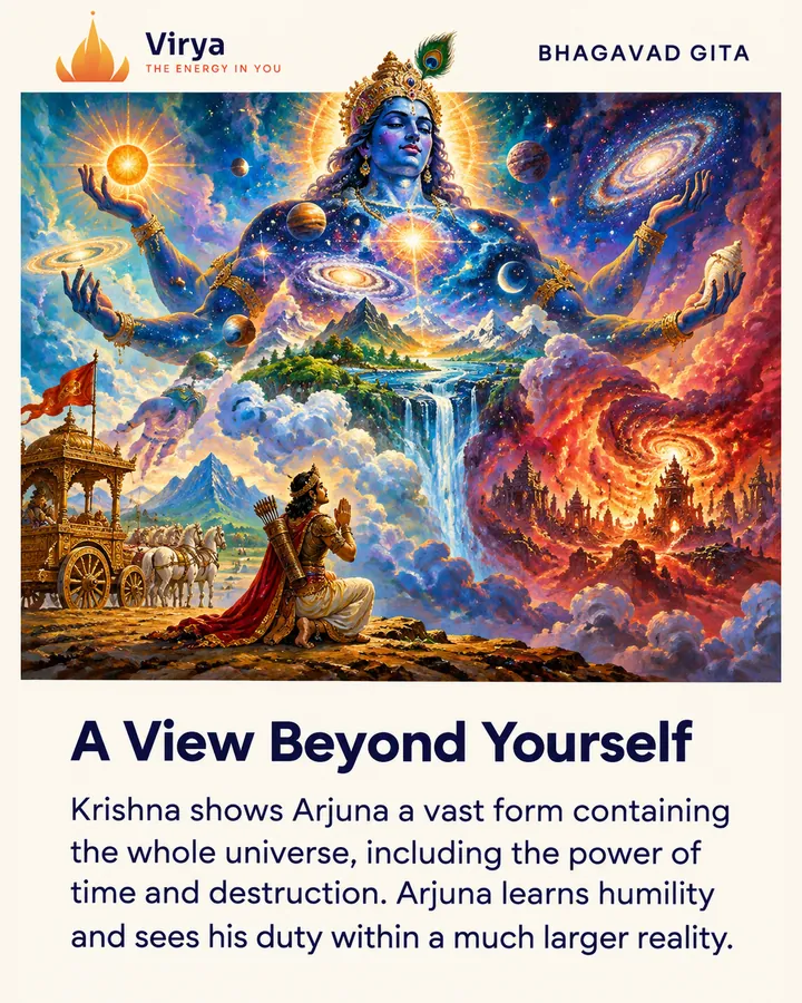 Arjuna kneels before a vast luminous form of Krishna containing stars, suns, mountains and rivers. The Virya lotus logo appears above the painting. Title: A View Beyond Yourself. Text: Krishna shows Arjuna a vast form containing the whole universe, including the power of time and destruction. Arjuna learns humility and sees his duty within a much larger reality.