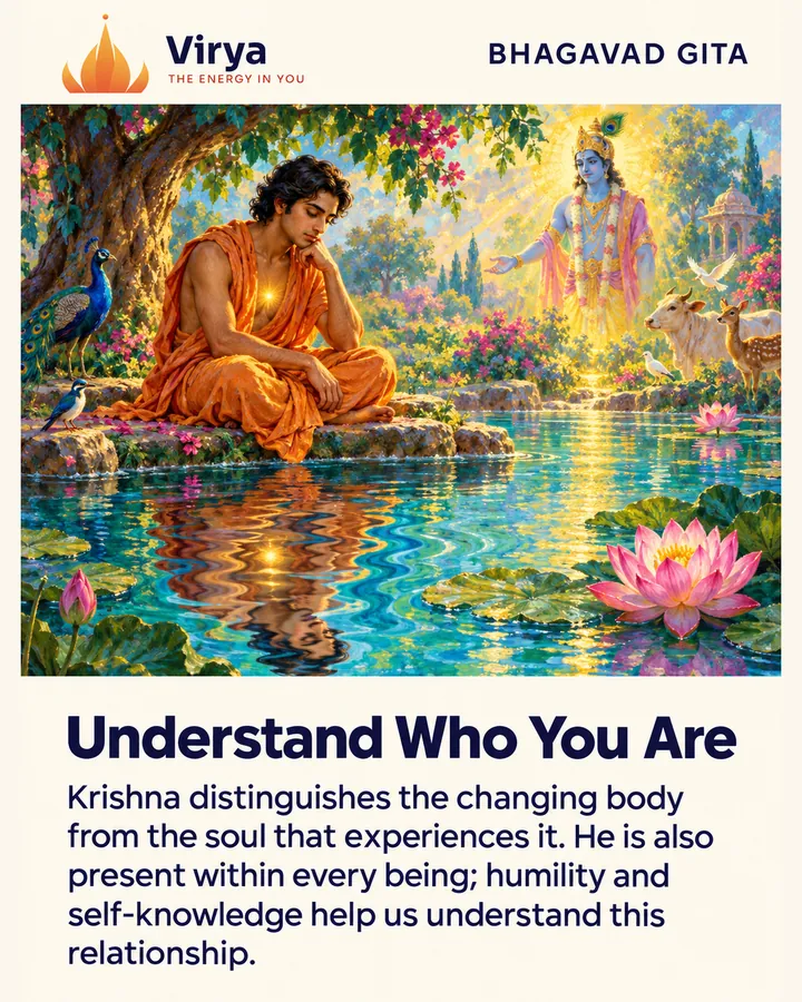 A person's reflection shifts in a pond while a steady inner light and a wider glow suggest the soul and God's presence. The Virya lotus logo appears above the painting. Title: Understand Who You Are. Text: Krishna distinguishes the changing body from the soul that experiences it. He is also present within every being; humility and self-knowledge help us understand this relationship.
