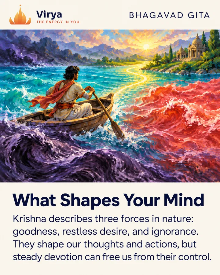 A traveler steers a boat through three different colored currents toward a calm, luminous shore. The Virya lotus logo appears above the painting. Title: What Shapes Your Mind. Text: Krishna describes three forces in nature: goodness, restless desire, and ignorance. They shape our thoughts and actions, but steady devotion can free us from their control.