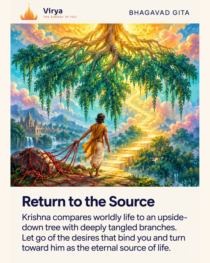 An upside-down tree has golden roots in the sky; a traveler releases tangled cords and turns toward the light. The Virya lotus logo appears above the painting. Title: Return to the Source. Text: Krishna compares worldly life to an upside-down tree with deeply tangled branches. Let go of the desires that bind you and turn toward him as the eternal source of life.