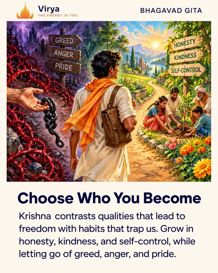A traveler releases a knotted cord and chooses a flourishing path where people help plant a tree. The Virya lotus logo appears above the painting. Title: Choose Who You Become. Text: Krishna contrasts qualities that lead to freedom with habits that trap us. Grow in honesty, kindness, and self-control, while letting go of greed, anger, and pride.