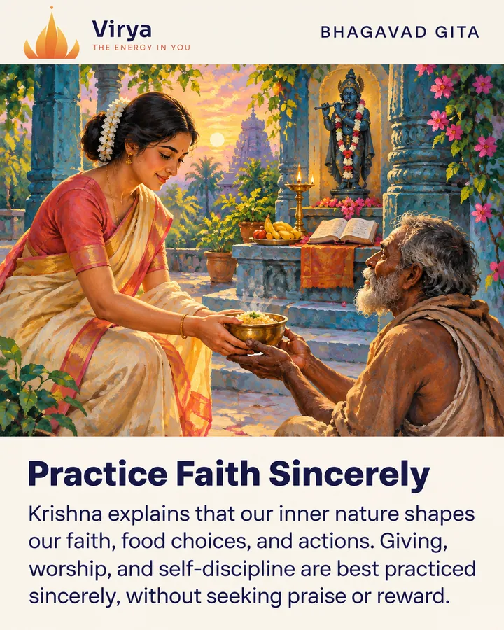 Someone quietly shares a bowl of food in a colorful courtyard with a lamp, flowers, fruit and a book. The Virya lotus logo appears above the painting. Title: Practice Faith Sincerely. Text: Krishna explains that our inner nature shapes our faith, food choices, and actions. Giving, worship, and self-discipline are best practiced sincerely, without seeking praise or reward.