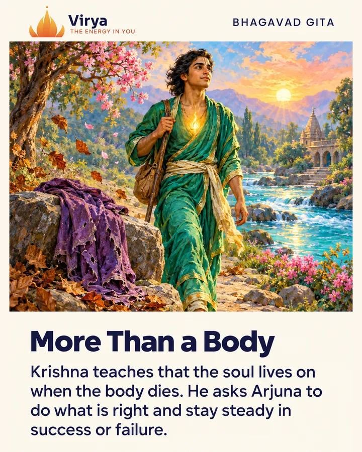 A traveler leaves an old robe behind beside a river; a steady golden flame and changing seasons symbolize the soul enduring change. The Virya lotus logo appears above the painting. Title: More Than a Body. Text: Krishna teaches that the soul lives on when the body dies. He asks Arjuna to do what is right and stay steady in success or failure.