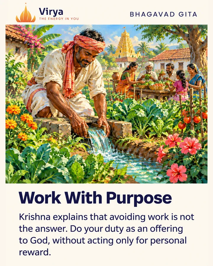 A farmer guides water through a thriving garden while neighbors share the harvest, showing useful work done for others. The Virya lotus logo appears above the painting. Title: Work With Purpose. Text: Krishna explains that avoiding work is not the answer. Do your duty as an offering to God, without acting only for personal reward.