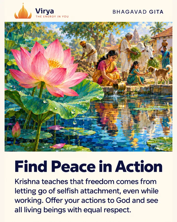 A pink lotus stays untouched by water above a pond reflecting people at work and animals in the same sunlight. The Virya lotus logo appears above the painting. Title: Find Peace in Action. Text: Krishna teaches that freedom comes from letting go of selfish attachment, even while working. Offer your actions to God and see all living beings with equal respect.