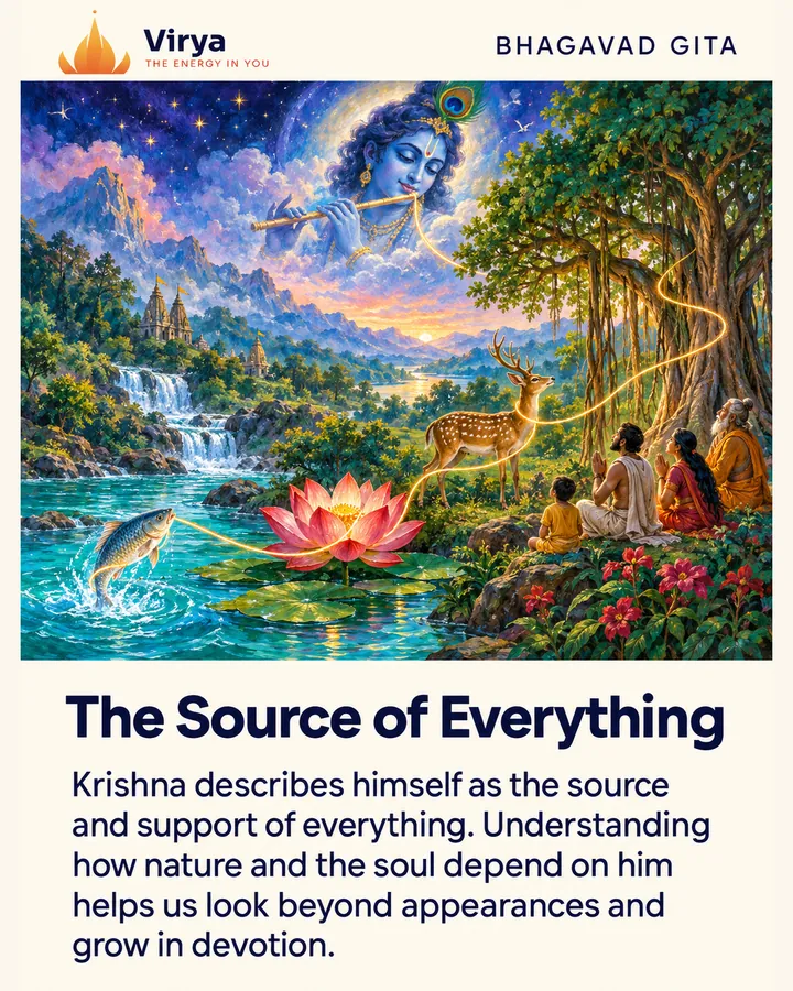 A golden thread connects plants, animals, people and a luminous presence of Krishna across a vivid landscape. The Virya lotus logo appears above the painting. Title: The Source of Everything. Text: Krishna describes himself as the source and support of everything. Understanding how nature and the soul depend on him helps us look beyond appearances and grow in devotion.
