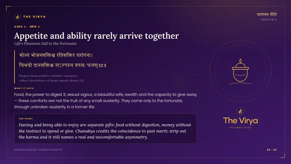 2.2, Life's Pleasures Fall to the Fortunate: Appetite and ability rarely arrive together