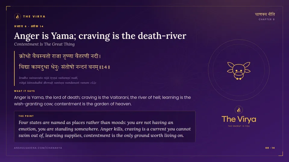 8.14, Contentment Is The Great Thing: Anger is Yama; craving is the death-river
