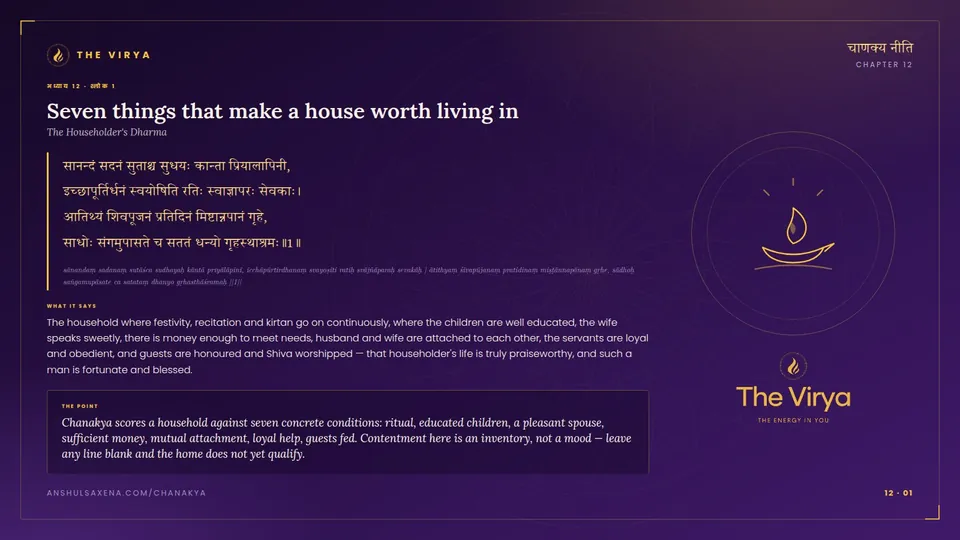 12.1, The Householder's Dharma: Seven things that make a house worth living in