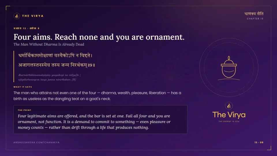 13.9, The Man Without Dharma Is Already Dead: Four aims. Reach none and you are ornament
