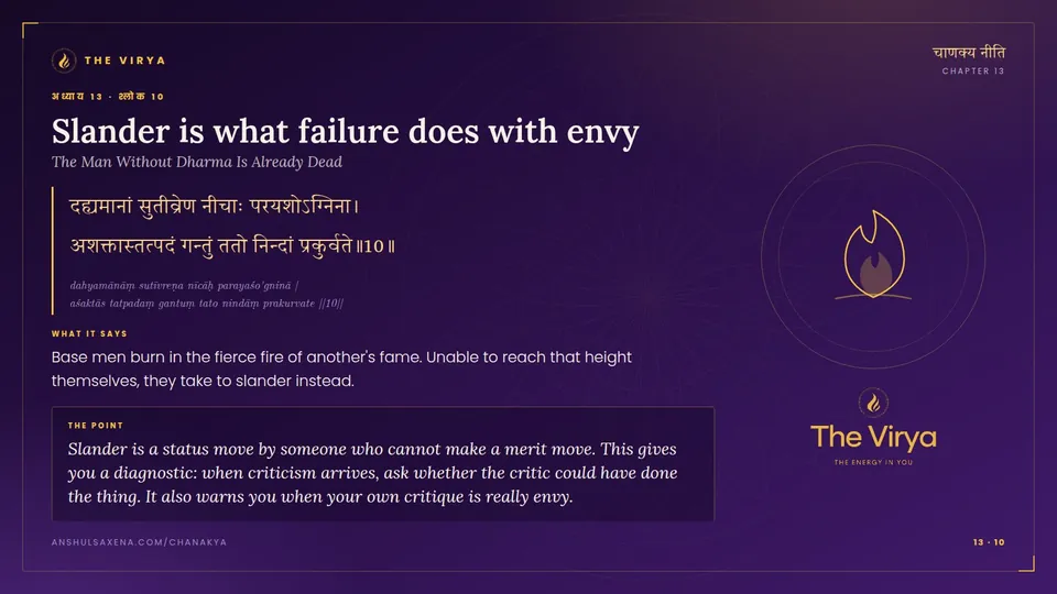 13.10, The Man Without Dharma Is Already Dead: Slander is what failure does with envy
