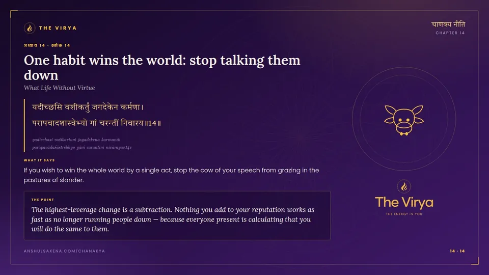 14.14, What Life Without Virtue: One habit wins the world: stop talking them down