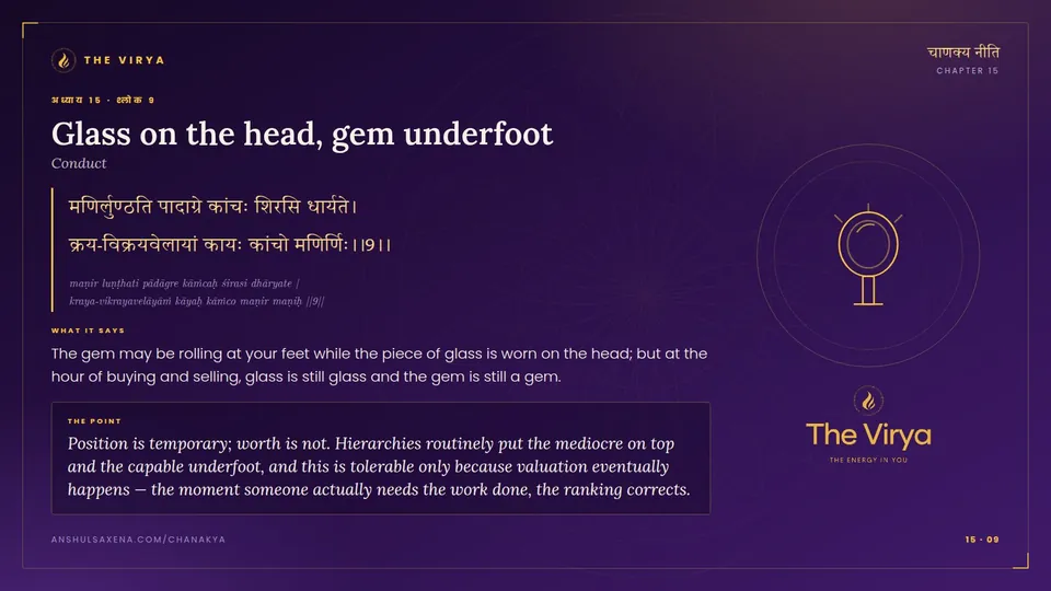 15.9, Conduct: Glass on the head, gem underfoot