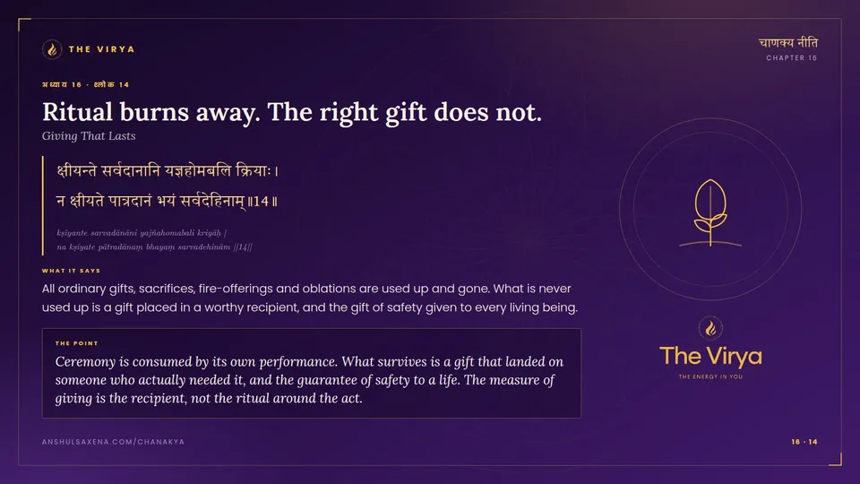 16.14, Giving That Lasts: Ritual burns away. The right gift does not