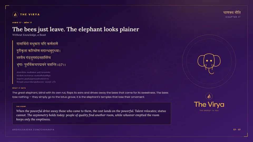 17.17, Without Knowledge: The bees just leave. The elephant looks plainer