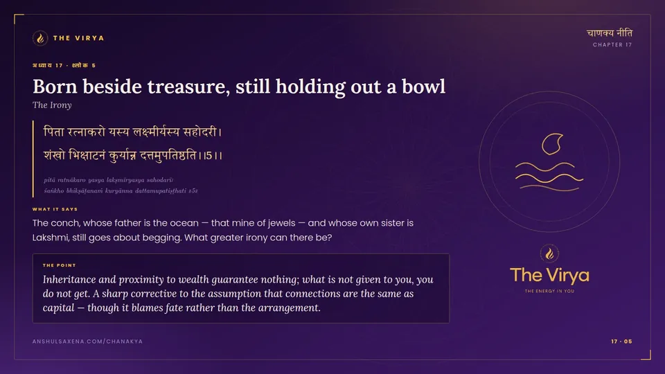 17.5, The Irony: Born beside treasure, still holding out a bowl