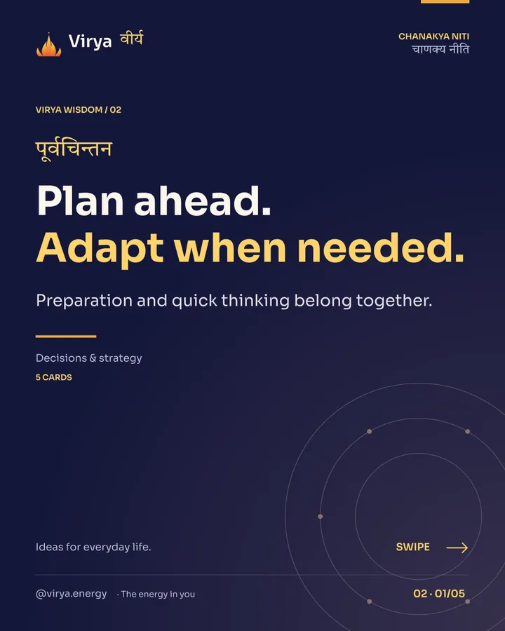 Virya Chanakya Niti 02. Plan ahead. Adapt when needed.. Preparation and quick thinking belong together. Indigo background, gold accents, Sora typography, and the full lotus logo.