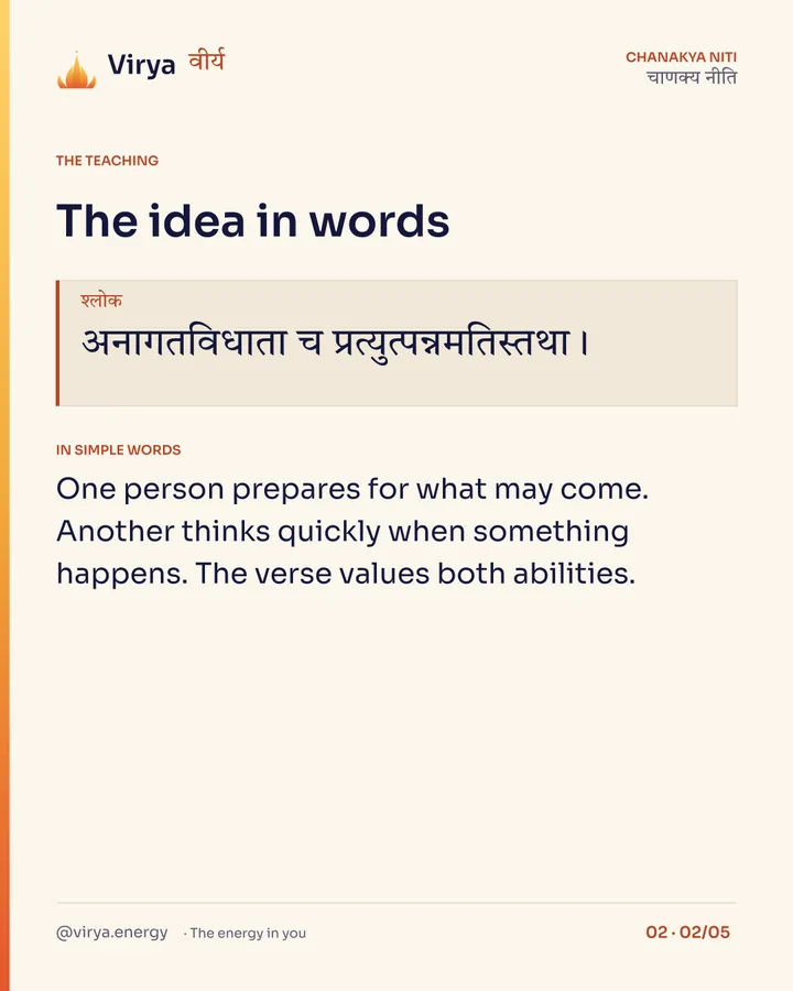 Shloka: अनागतविधाता च प्रत्युत्पन्नमतिस्तथा। In simple words: One person prepares for what may come. Another thinks quickly when something happens. The verse values both abilities.