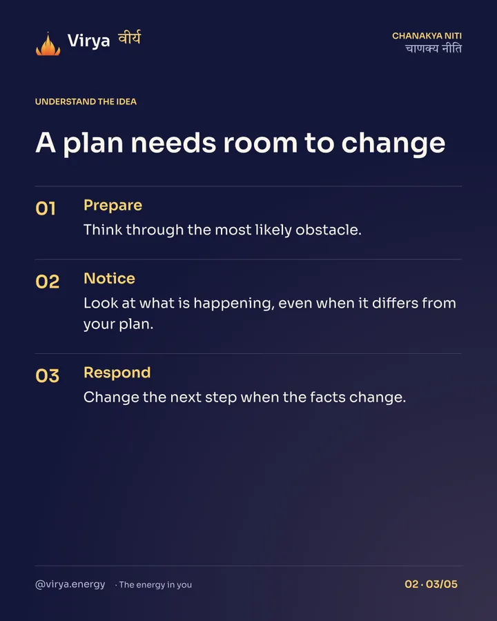A plan needs room to change. Prepare: Think through the most likely obstacle. Notice: Look at what is happening, even when it differs from your plan. Respond: Change the next step when the facts change.