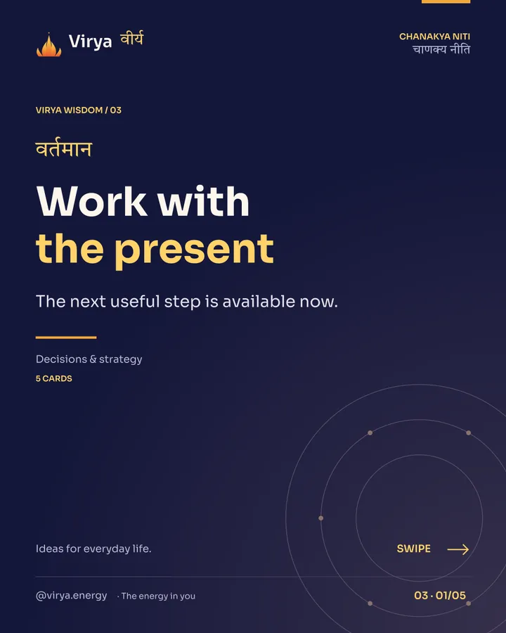 Virya Chanakya Niti 03. Work with the present. The next useful step is available now. Indigo background, gold accents, Sora typography, and the full lotus logo.