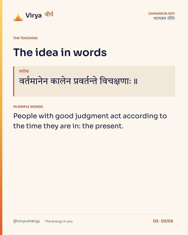 Shloka: वर्तमानेन कालेन प्रवर्तन्ते विचक्षणाः॥ In simple words: People with good judgment act according to the time they are in: the present.
