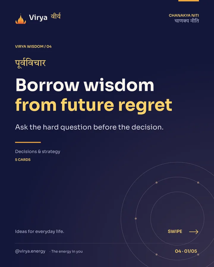 Virya Chanakya Niti 04. Borrow wisdom from future regret. Ask the hard question before the decision. Indigo background, gold accents, Sora typography, and the full lotus logo.