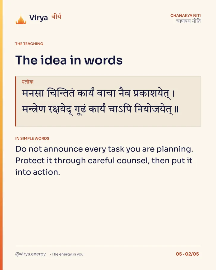 Shloka: मनसा चिन्तितं कार्यं वाचा नैव प्रकाशयेत्।
मन्त्रेण रक्षयेद् गूढं कार्यं चाऽपि नियोजयेत्॥ In simple words: Do not announce every task you are planning. Protect it through careful counsel, then put it into action.