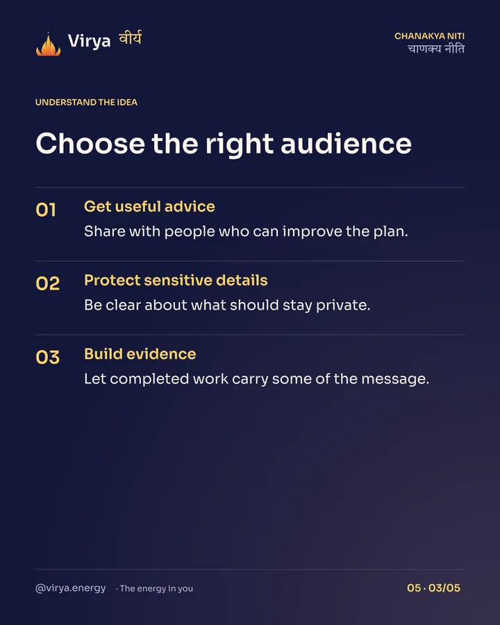 Choose the right audience. Get useful advice: Share with people who can improve the plan. Protect sensitive details: Be clear about what should stay private. Build evidence: Let completed work carry some of the message.