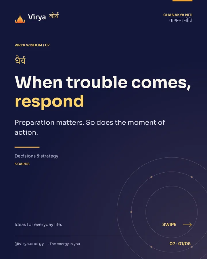 Virya Chanakya Niti 07. When trouble comes, respond. Preparation matters. So does the moment of action. Indigo background, gold accents, Sora typography, and the full lotus logo.