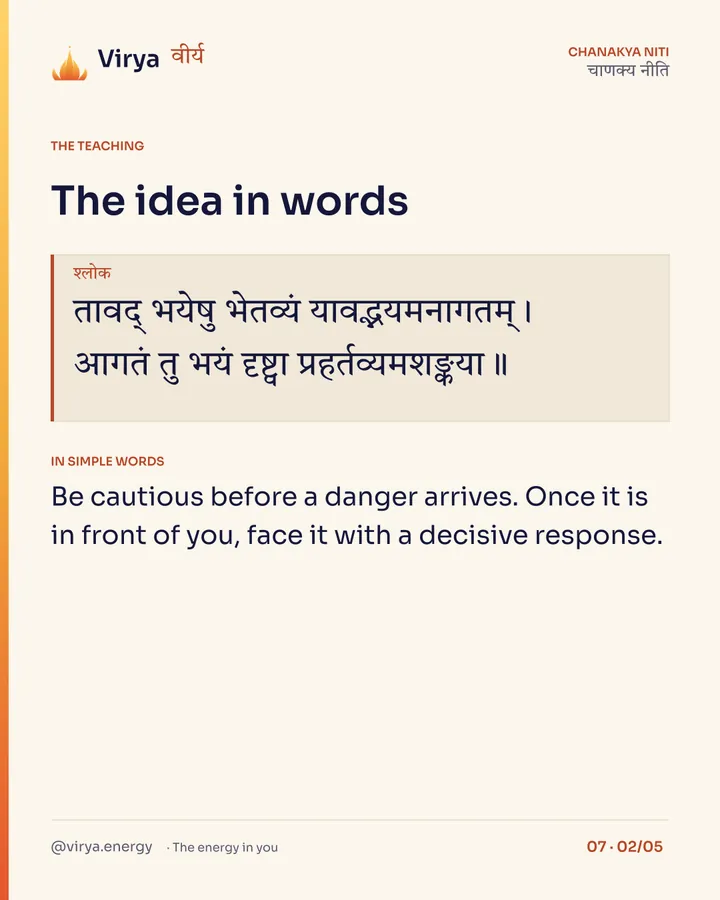 Shloka: तावद् भयेषु भेतव्यं यावद्भयमनागतम्।
आगतं तु भयं दृष्ट्वा प्रहर्तव्यमशङ्कया॥ In simple words: Be cautious before a danger arrives. Once it is in front of you, face it with a decisive response.