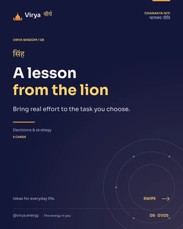 Virya Chanakya Niti 08. A lesson from the lion. Bring real effort to the task you choose. Indigo background, gold accents, Sora typography, and the full lotus logo.