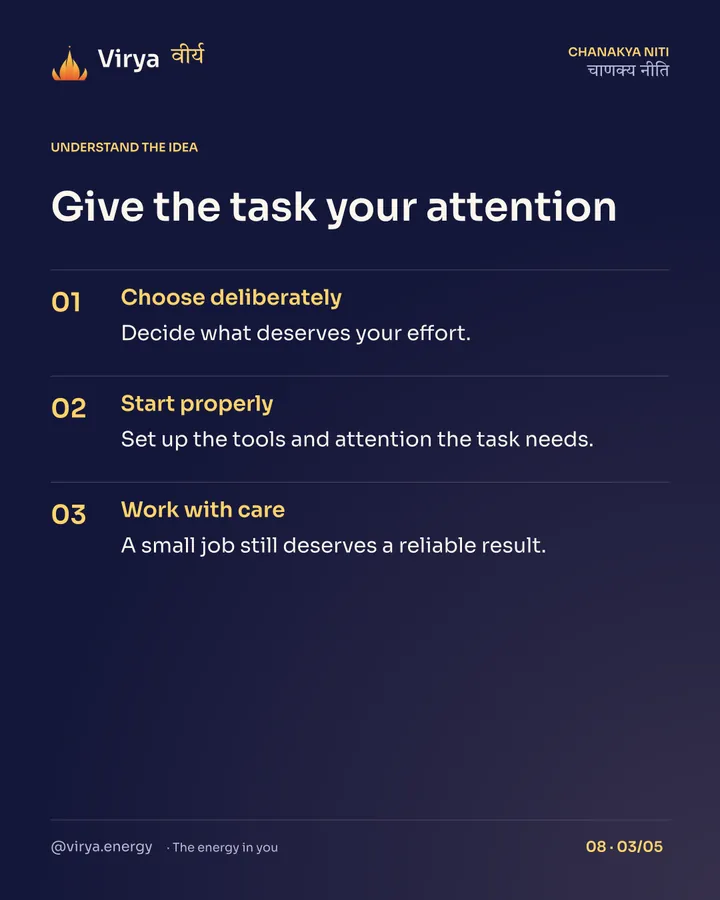 Give the task your attention. Choose deliberately: Decide what deserves your effort. Start properly: Set up the tools and attention the task needs. Work with care: A small job still deserves a reliable result.