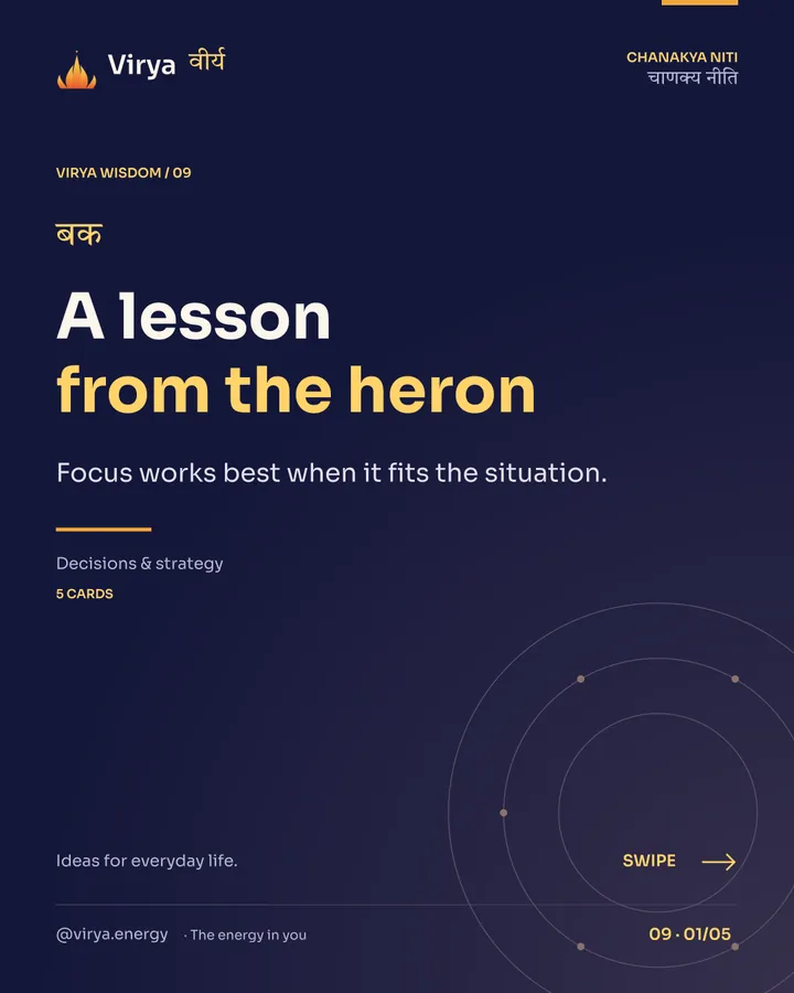 Virya Chanakya Niti 09. A lesson from the heron. Focus works best when it fits the situation. Indigo background, gold accents, Sora typography, and the full lotus logo.