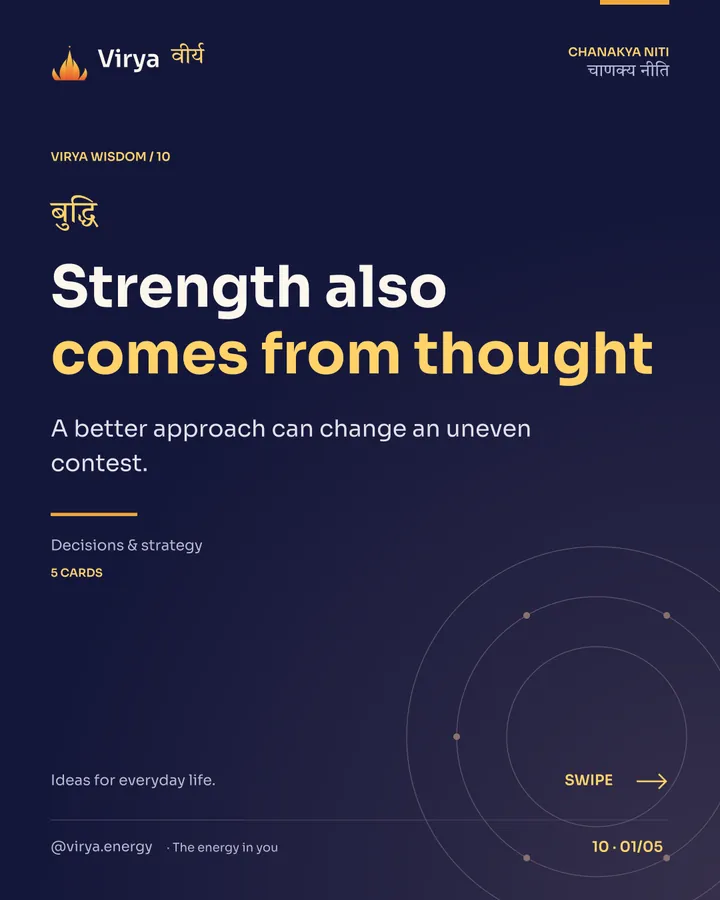 Virya Chanakya Niti 10. Strength also comes from thought. A better approach can change an uneven contest. Indigo background, gold accents, Sora typography, and the full lotus logo.