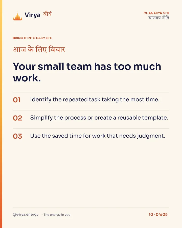 Your small team has too much work. 1. Identify the repeated task taking the most time. 2. Simplify the process or create a reusable template. 3. Use the saved time for work that needs judgment.