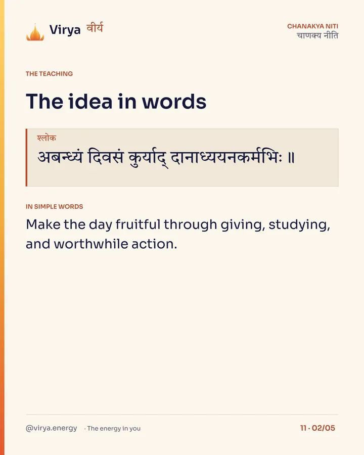 Shloka: अबन्ध्यं दिवसं कुर्याद् दानाध्ययनकर्मभिः॥ In simple words: Make the day fruitful through giving, studying, and worthwhile action.