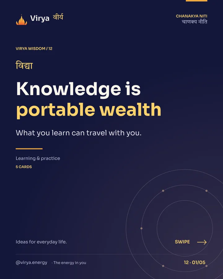 Virya Chanakya Niti 12. Knowledge is portable wealth. What you learn can travel with you. Indigo background, gold accents, Sora typography, and the full lotus logo.