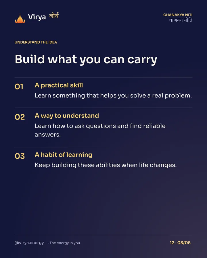 Build what you can carry. A practical skill: Learn something that helps you solve a real problem. A way to understand: Learn how to ask questions and find reliable answers. A habit of learning: Keep building these abilities when life changes.