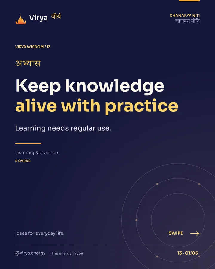 Virya Chanakya Niti 13. Keep knowledge alive with practice. Learning needs regular use. Indigo background, gold accents, Sora typography, and the full lotus logo.