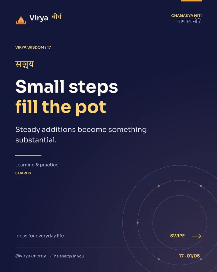 Virya Chanakya Niti 17. Small steps fill the pot. Steady additions become something substantial. Indigo background, gold accents, Sora typography, and the full lotus logo.