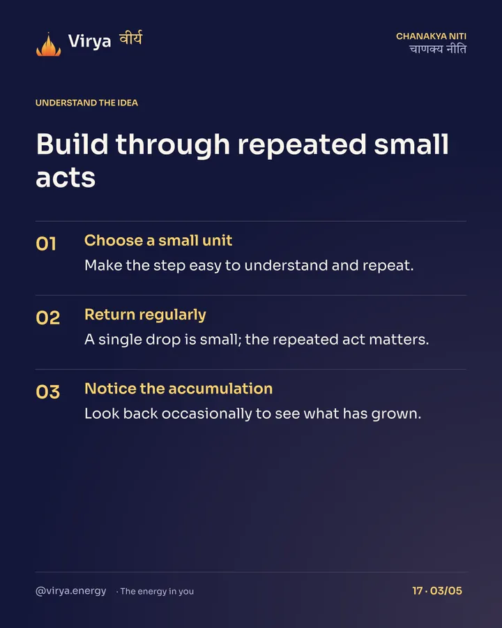Build through repeated small acts. Choose a small unit: Make the step easy to understand and repeat. Return regularly: A single drop is small; the repeated act matters. Notice the accumulation: Look back occasionally to see what has grown.