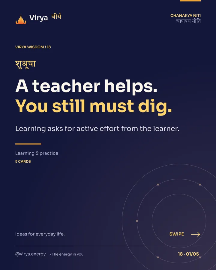 Virya Chanakya Niti 18. A teacher helps. You still must dig.. Learning asks for active effort from the learner. Indigo background, gold accents, Sora typography, and the full lotus logo.
