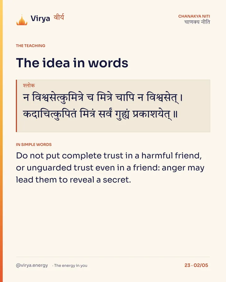 Shloka: न विश्वसेत्कुमित्रे च मित्रे चापि न विश्वसेत्।
कदाचित्कुपितं मित्रं सर्वं गुह्यं प्रकाशयेत्॥ In simple words: Do not put complete trust in a harmful friend, or unguarded trust even in a friend: anger may lead them to reveal a secret.
