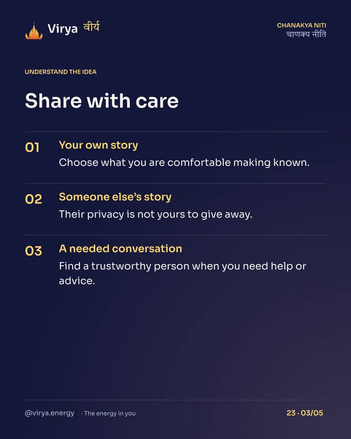 Share with care. Your own story: Choose what you are comfortable making known. Someone else’s story: Their privacy is not yours to give away. A needed conversation: Find a trustworthy person when you need help or advice.
