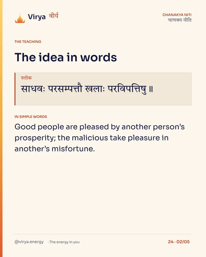 Shloka: साधवः परसम्पत्तौ खलाः परविपत्तिषु॥ In simple words: Good people are pleased by another person’s prosperity; the malicious take pleasure in another’s misfortune.