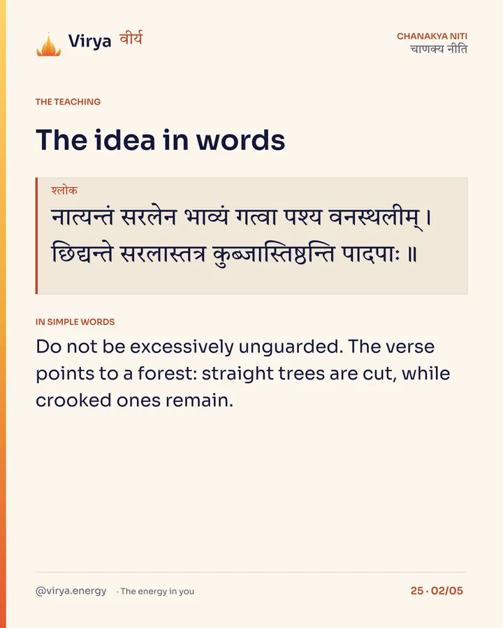 Shloka: नात्यन्तं सरलेन भाव्यं गत्वा पश्य वनस्थलीम्।
छिद्यन्ते सरलास्तत्र कुब्जास्तिष्ठन्ति पादपाः॥ In simple words: Do not be excessively unguarded. The verse points to a forest: straight trees are cut, while crooked ones remain.