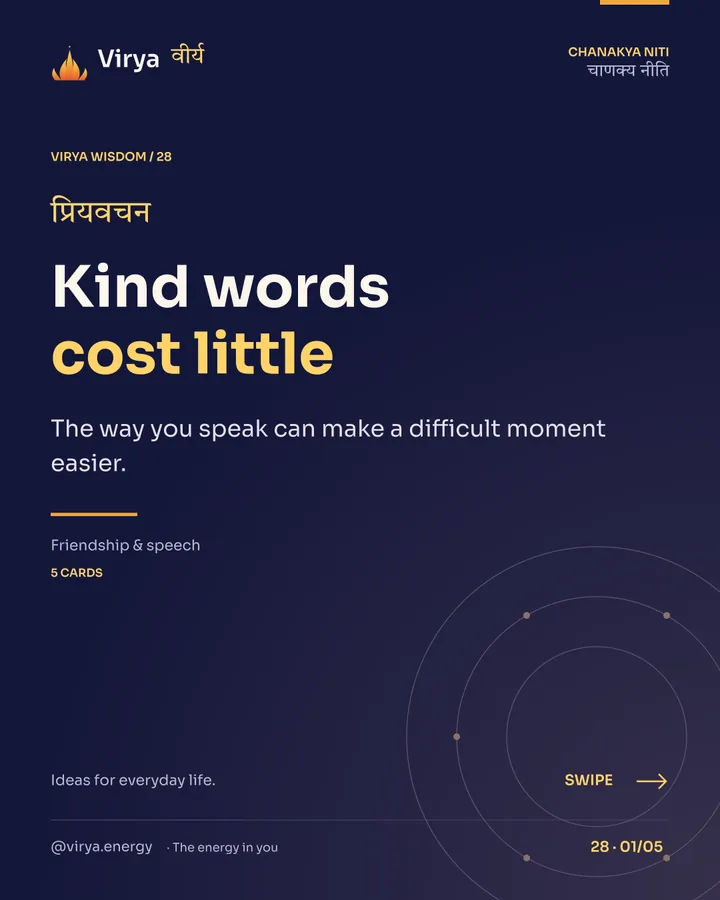 Virya Chanakya Niti 28. Kind words cost little. The way you speak can make a difficult moment easier. Indigo background, gold accents, Sora typography, and the full lotus logo.