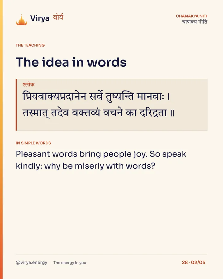 Shloka: प्रियवाक्यप्रदानेन सर्वे तुष्यन्ति मानवाः।
तस्मात् तदेव वक्तव्यं वचने का दरिद्रता॥ In simple words: Pleasant words bring people joy. So speak kindly: why be miserly with words?
